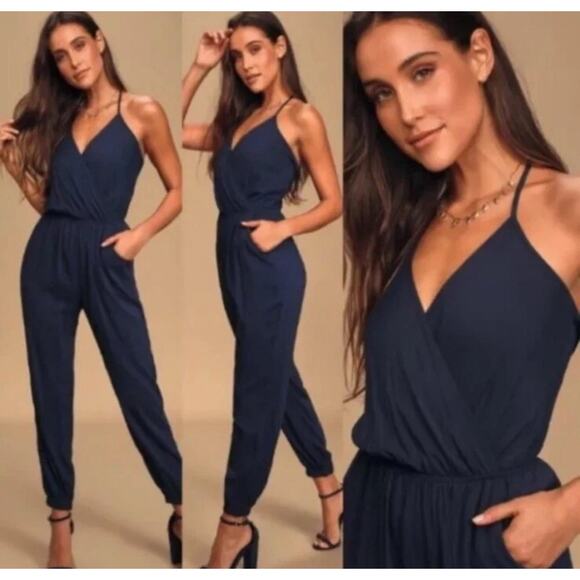 Lulu's Learning to Fly Halter Jumpsuit Womens Large Cinched Waist Backless Blue - Picture 16 of 16